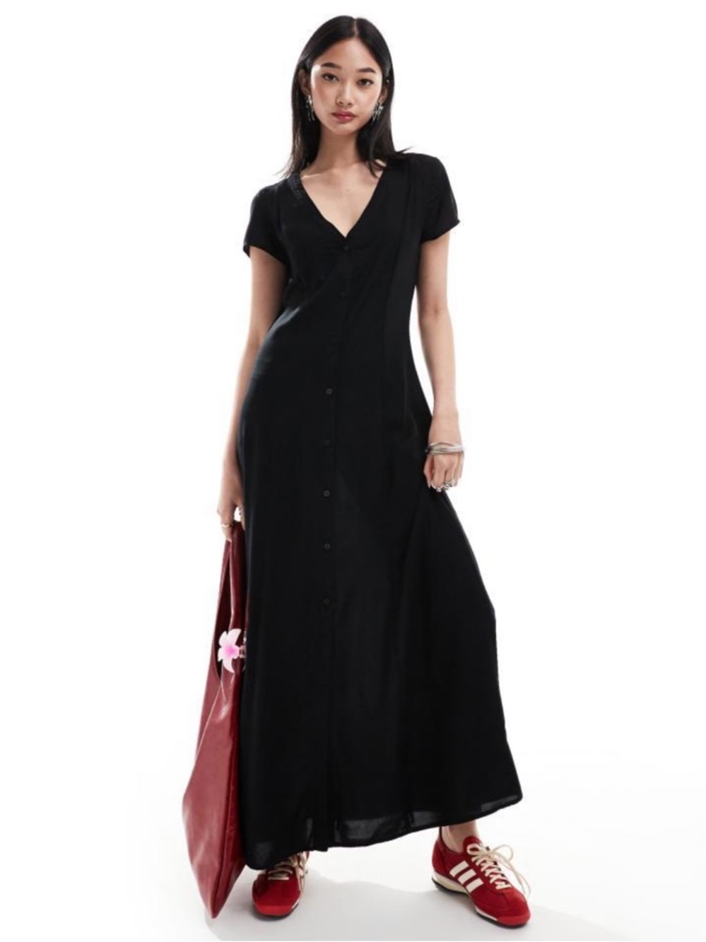 Monki Black V-Neck Button-Front Maxi Dress